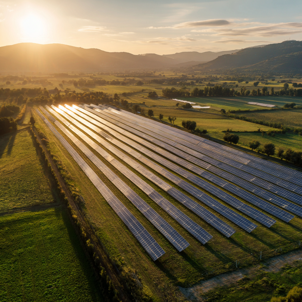 Vue aérienne d une centrale photovoltaïque au sol — plusieurs hectares de modules