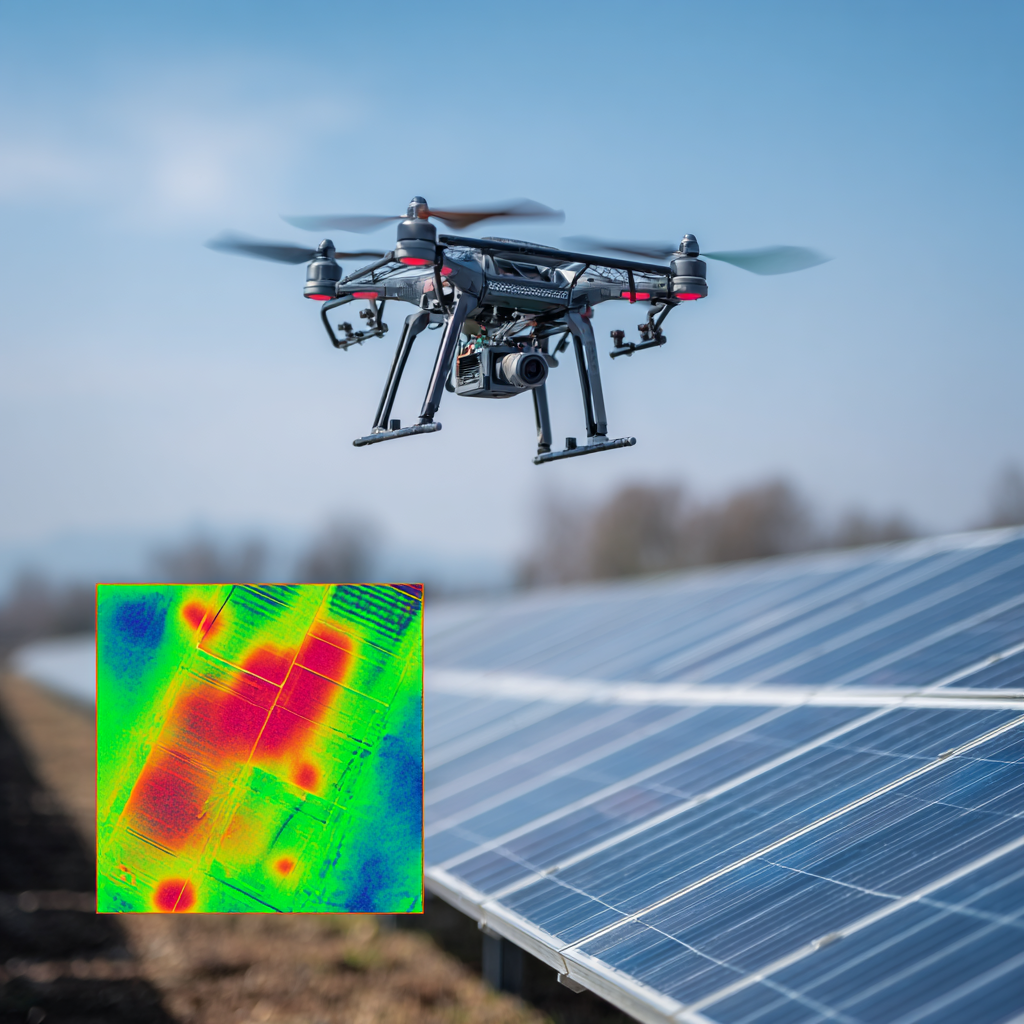 Drone d inspection thermique survolant des panneaux photovoltaïques avec image thermographique