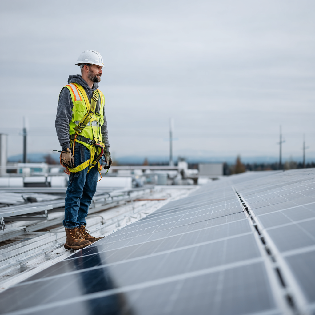 Technicien en EPI sur toiture industrielle équipée de panneaux photovoltaïques